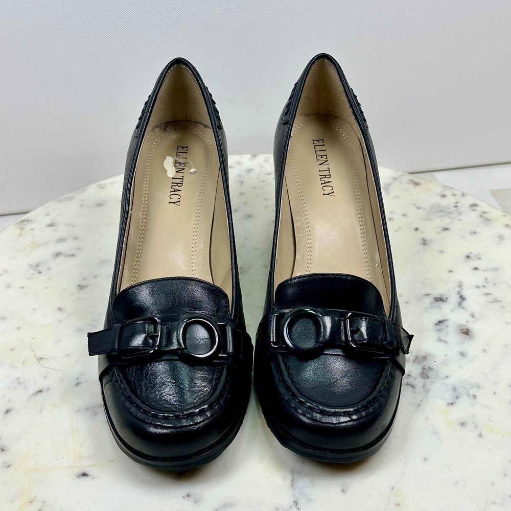 Ellen Tracy Womens Black Leather Heeled Loafers Buckle Block Heel Pumps Size 8